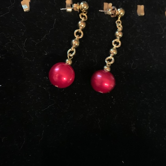 Red Ball Dangling Golden Pierced Earrings - Picture 4 of 4